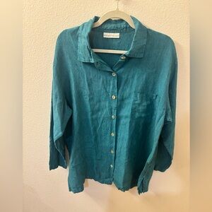 Bryn Walker Teal Blue Lagenlook Relaxed Fit Linen Button Down Long Sleeve M